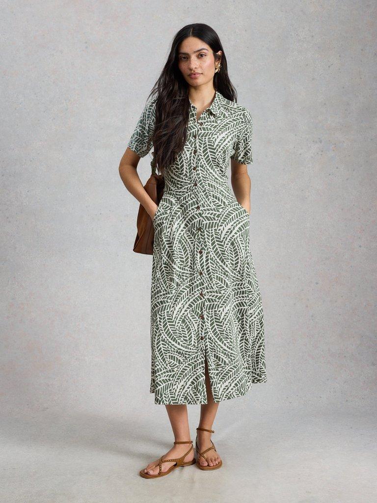 Rua Jersey Collared Midi Dress in GREEN PR - MODEL FRONT
