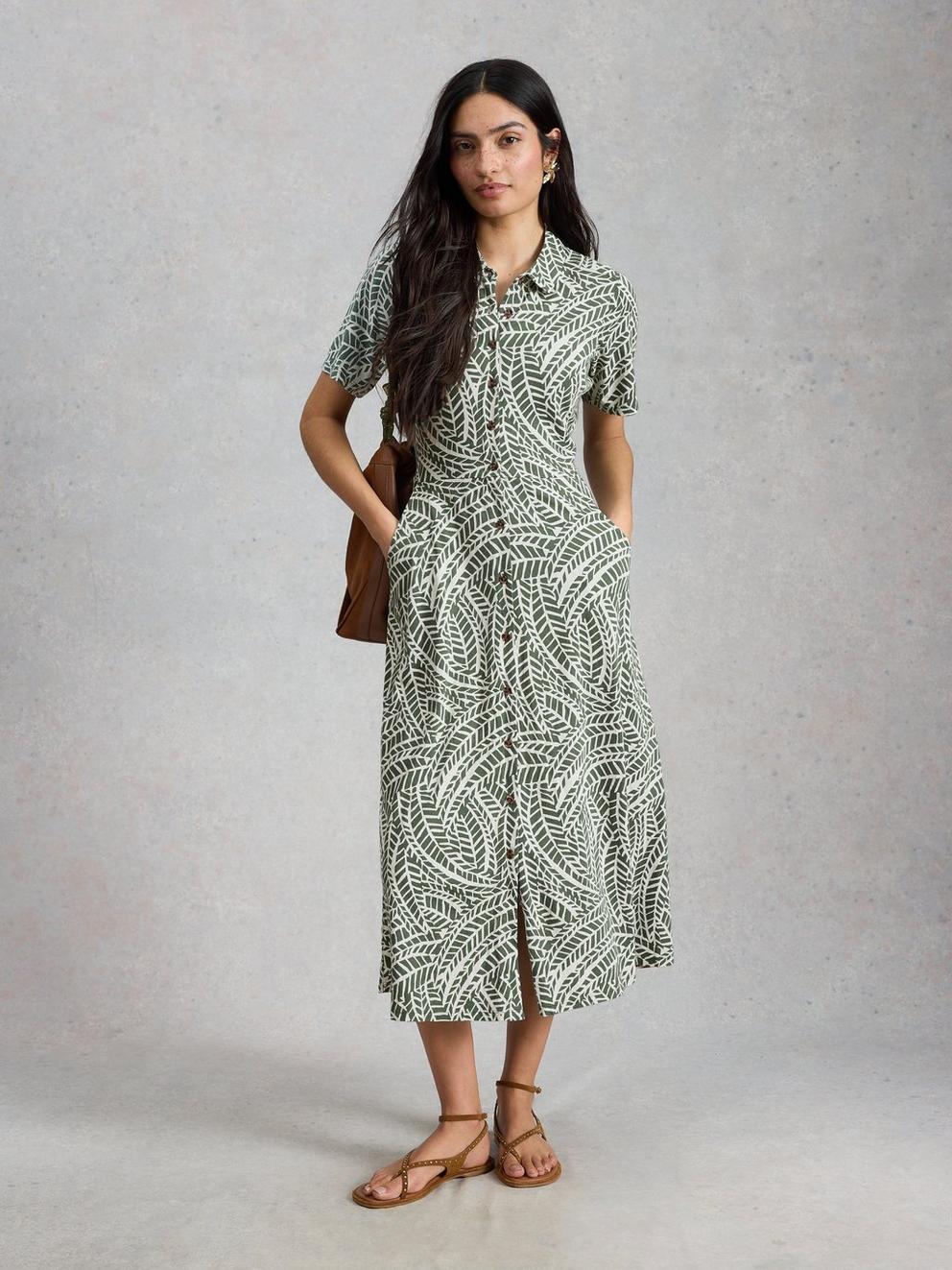Rua Jersey Collared Midi Dress in GREEN PR - MODEL FRONT