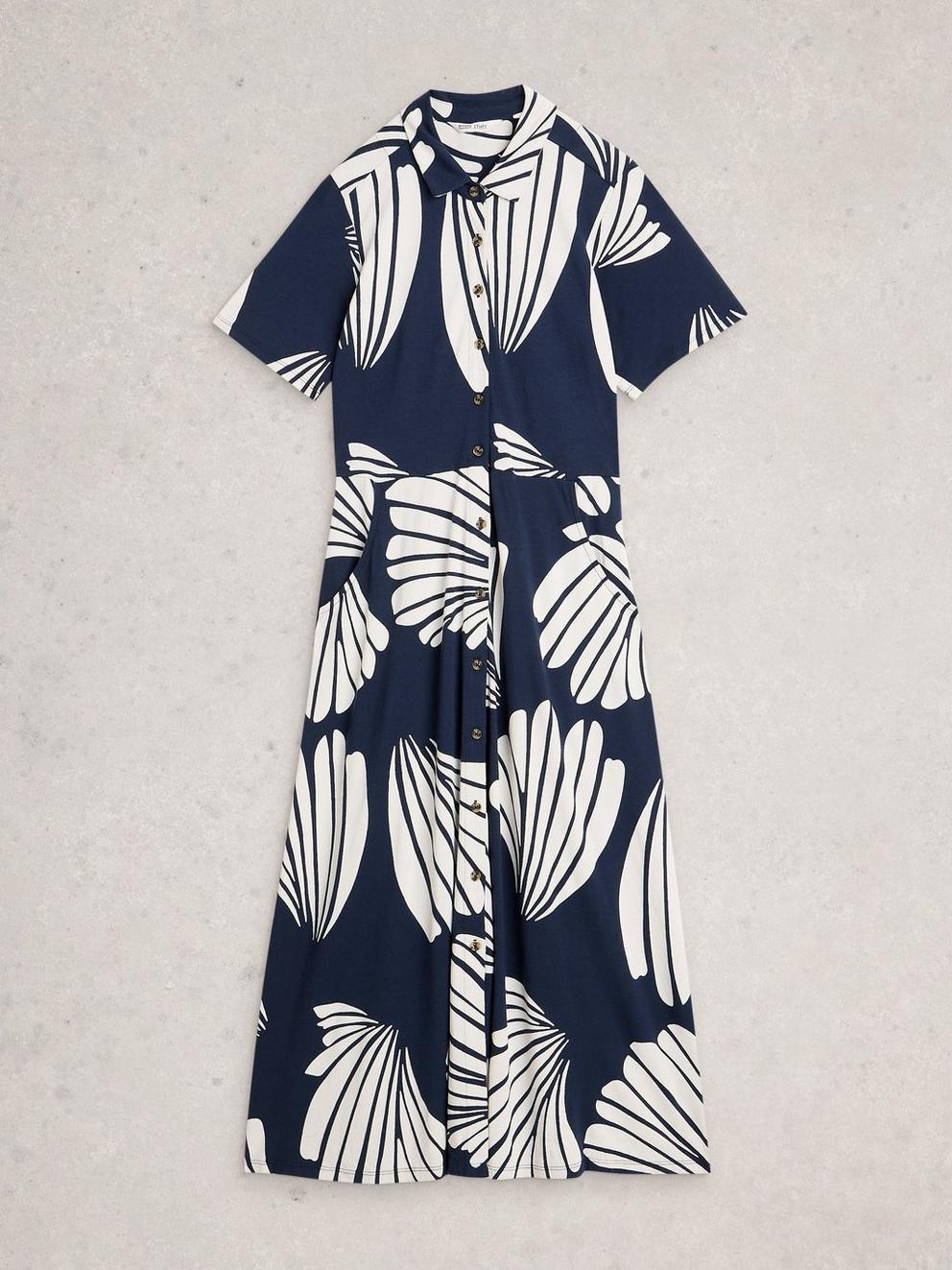 Rua Jersey Collared Midi Dress in NAVY PR - FLAT FRONT