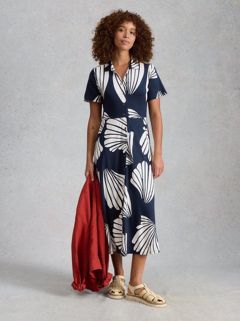 Rua Jersey Collared Midi Dress in NAVY PR - MODEL FRONT