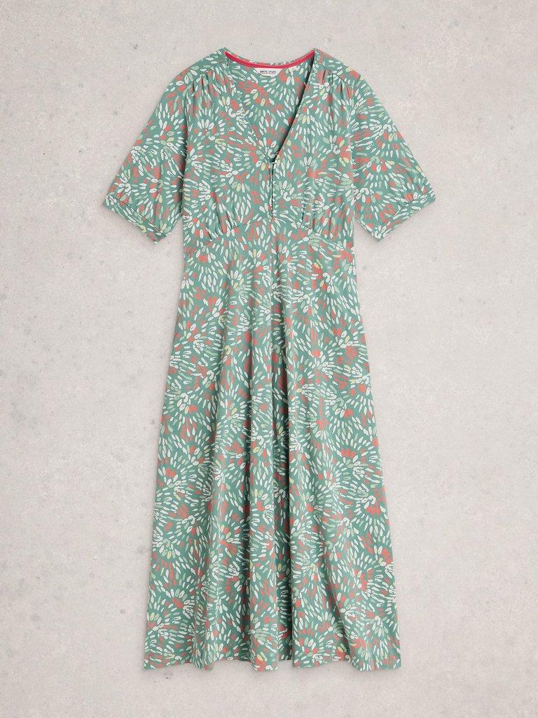 Megan Jersey Short Sleeve Midi V Neck Dress in BLUE PR - FLAT FRONT