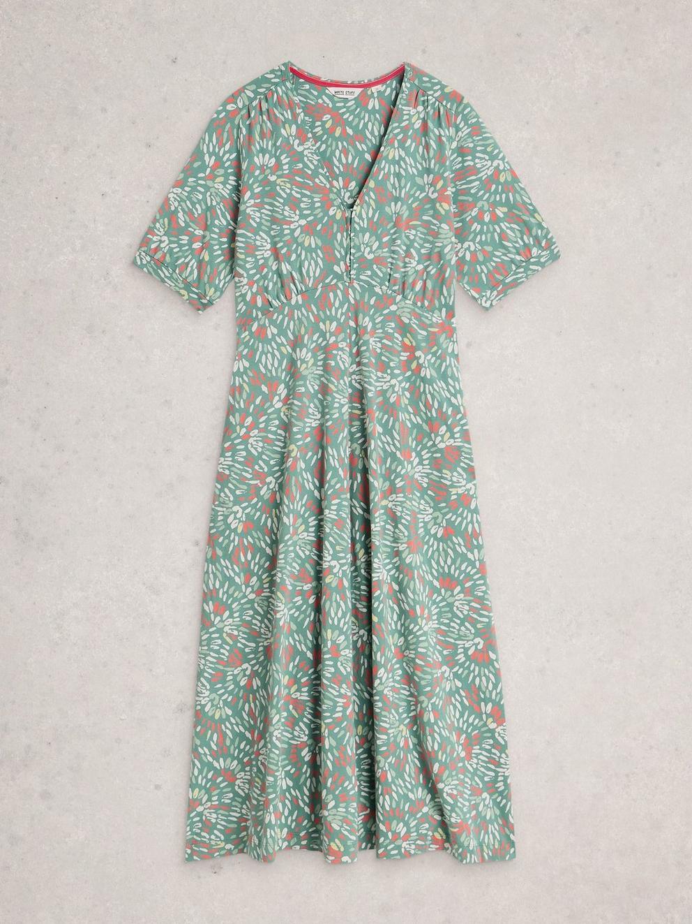 Megan Jersey Short Sleeve Midi V Neck Dress in BLUE PR - FLAT FRONT