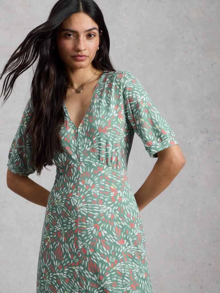Megan Jersey Short Sleeve Midi V Neck Dress in BLUE PR - MODEL DETAIL