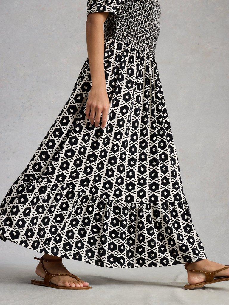 Nola Shirred Jersey Dress in BLK PR - MODEL BACK