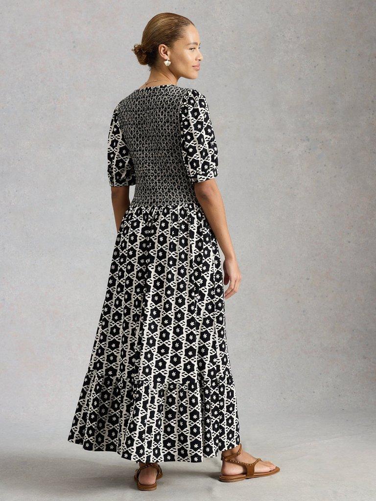 Nola Shirred Jersey Dress in BLK PR - MODEL DETAIL