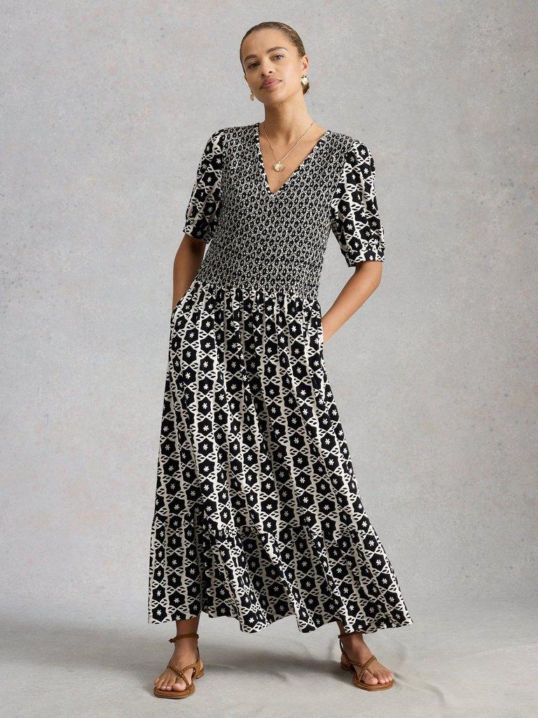 Nola Shirred Jersey Dress in BLK PR - MODEL FRONT