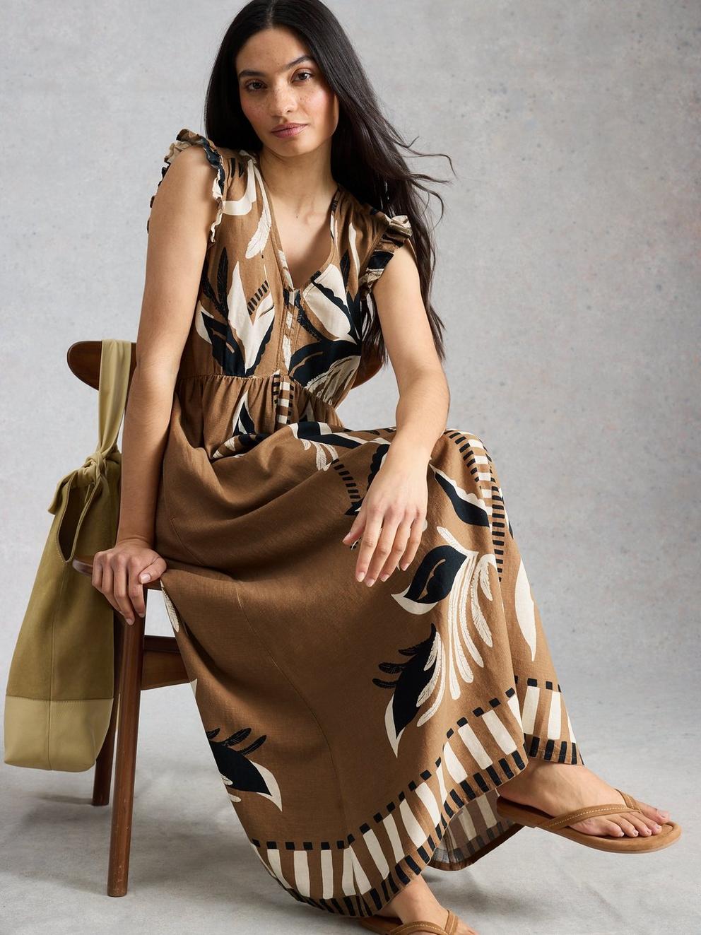 Lorna Print Linen Blend Maxi Dress in BROWN PR - LIFESTYLE