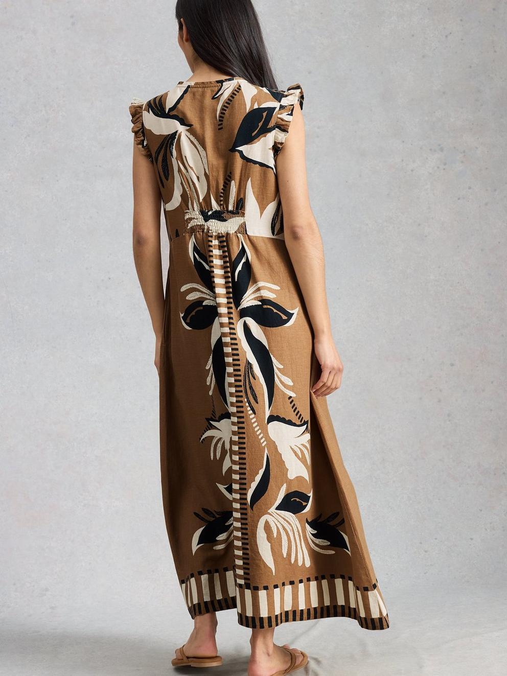 Lorna Print Linen Blend Maxi Dress in BROWN PR - MODEL BACK
