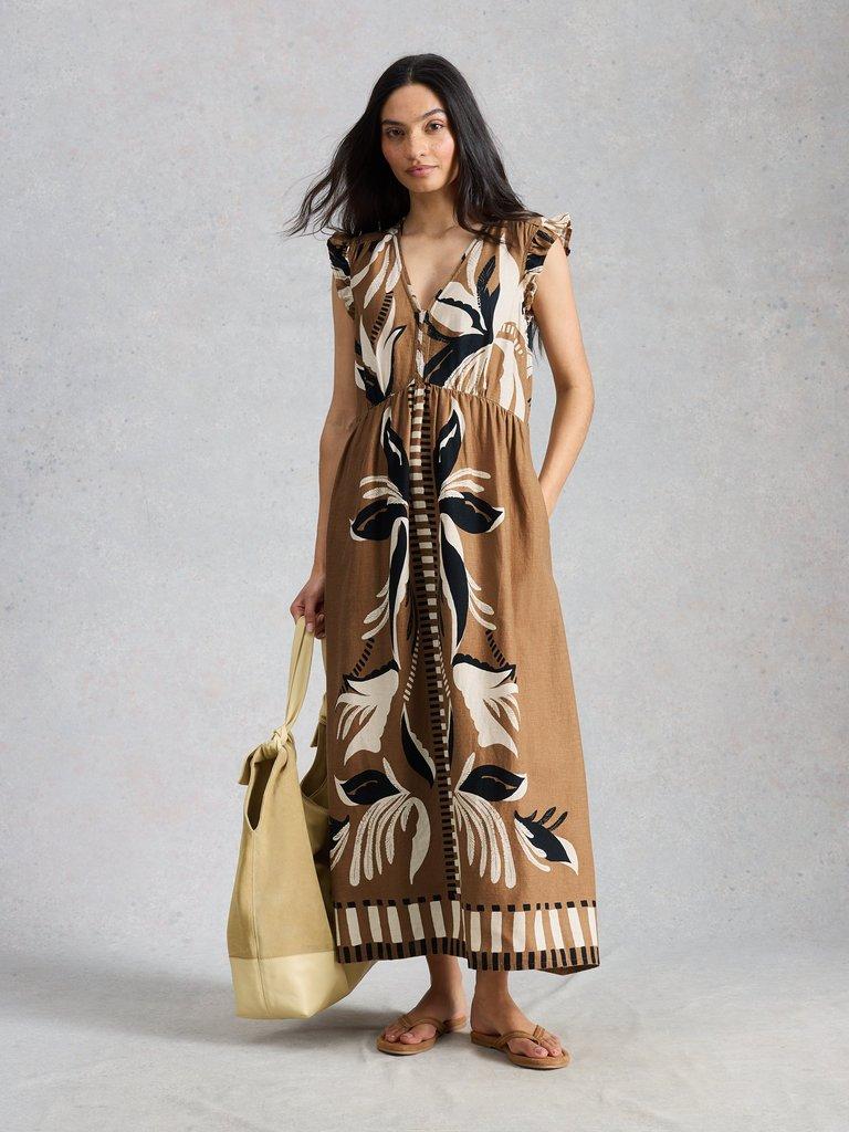 Lorna Print Linen Blend Maxi Dress in BROWN PR - MODEL FRONT