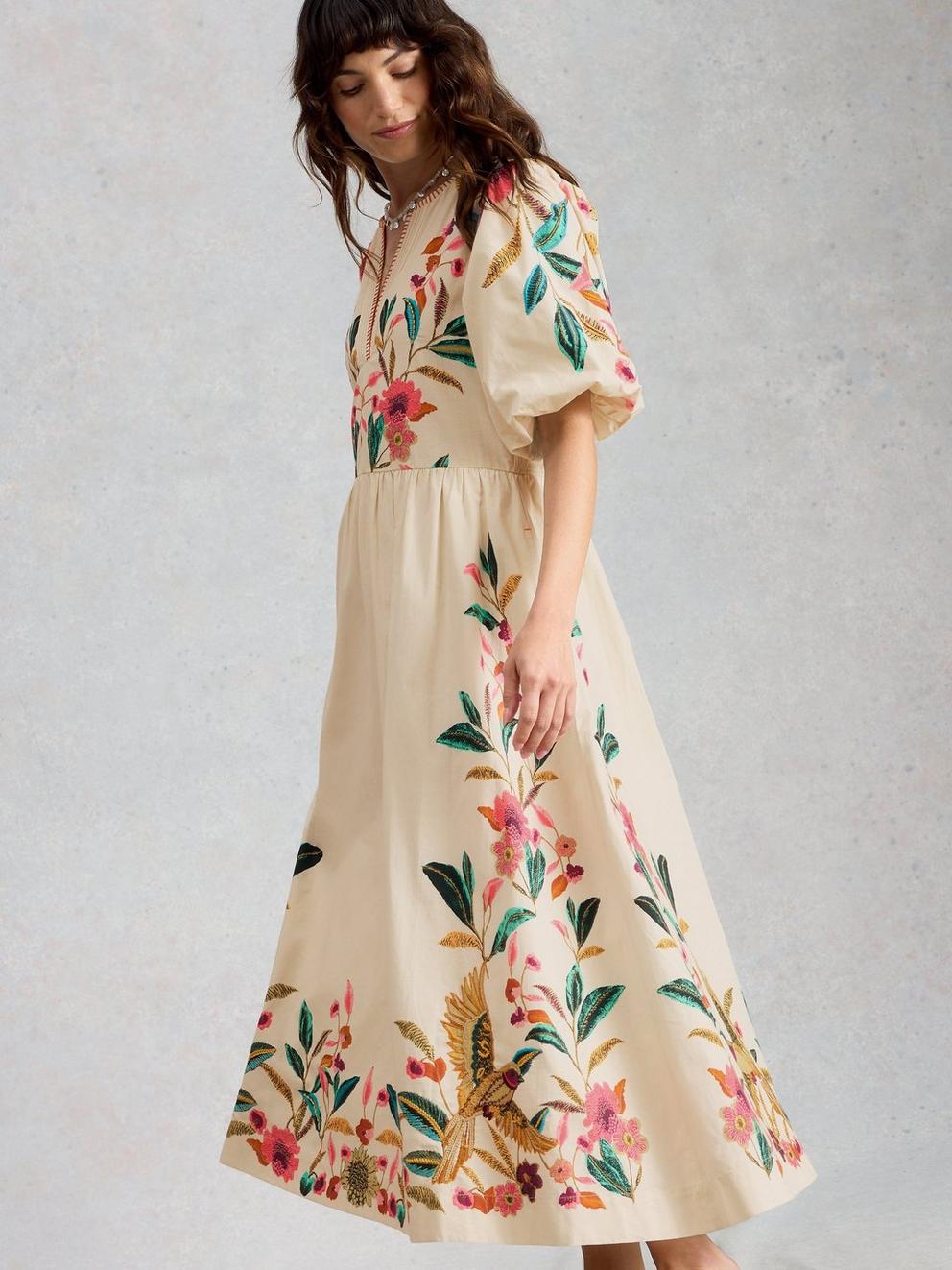 Maeve Embroidered Midi Dress in IVORY MLT - MODEL DETAIL