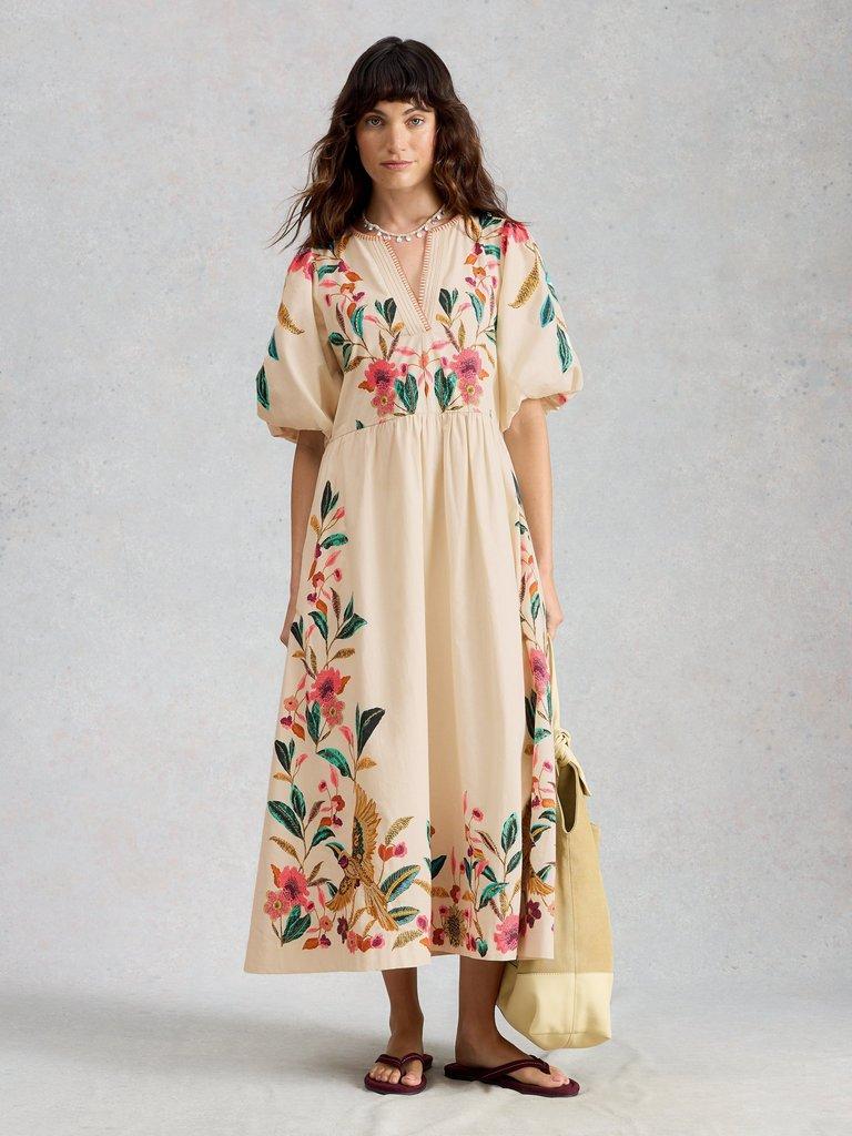 Maeve Embroidered Midi Dress in IVORY MLT - MODEL FRONT