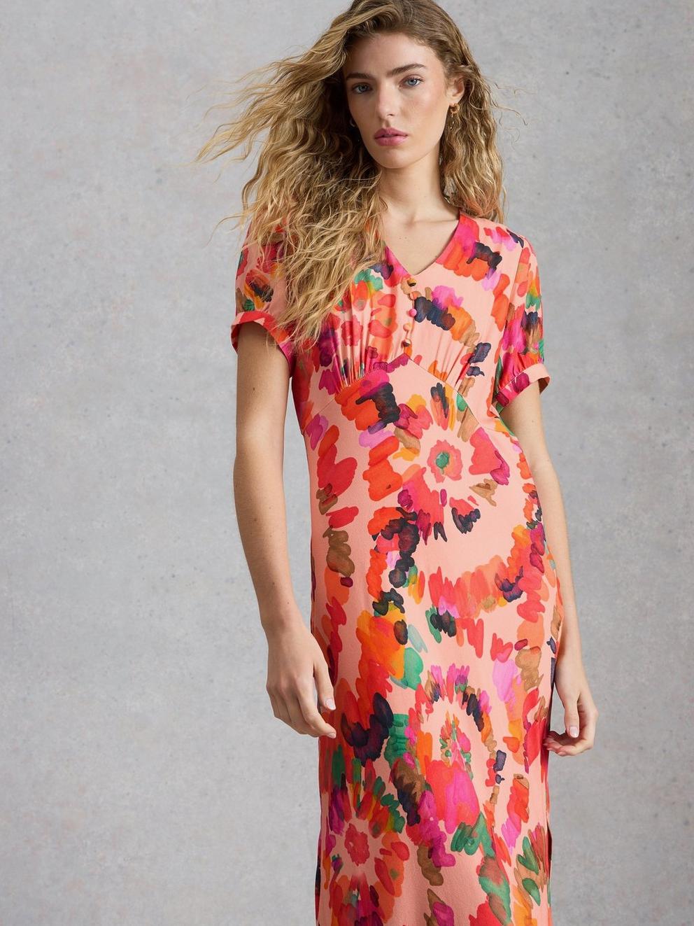 Hope Printed Bias Cut Dress in PINK PR - MODEL DETAIL