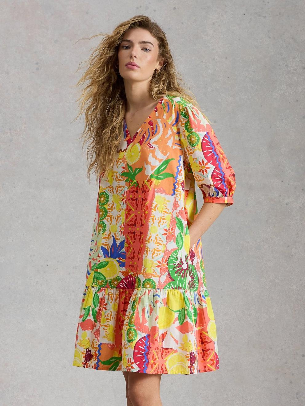 Bex V Neck Dress in YELLOW MLT - MODEL DETAIL