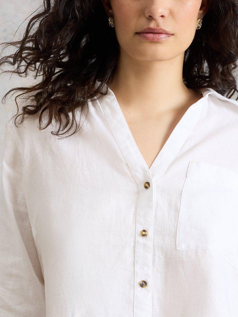 Sadie Linen Boyfriend Shirt  in BRIL WHITE - MODEL DETAIL