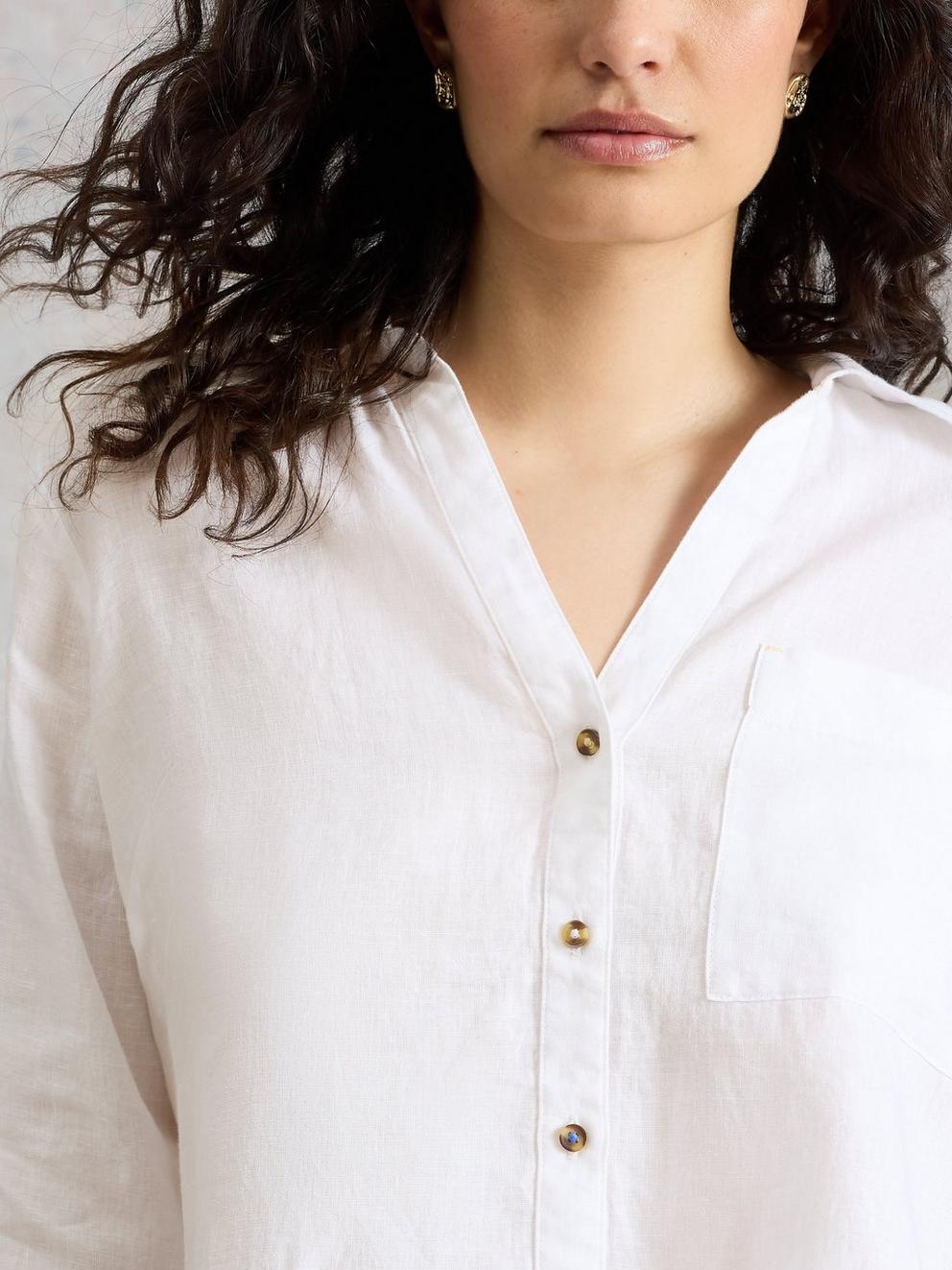 Sadie Linen Boyfriend Shirt  in BRIL WHITE - MODEL DETAIL