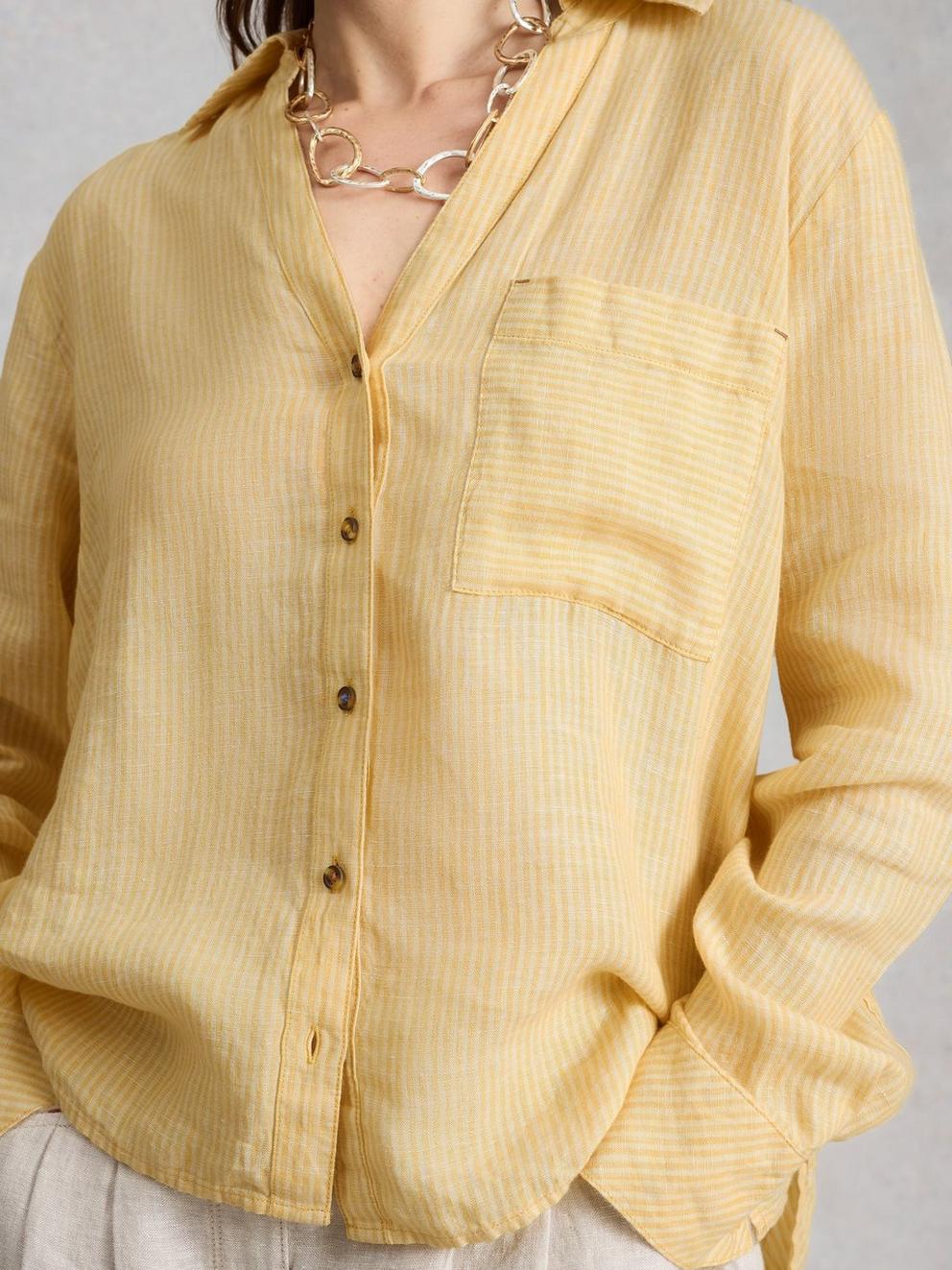 Sadie Linen Boyfriend Shirt in YELLOW MLT - MODEL DETAIL