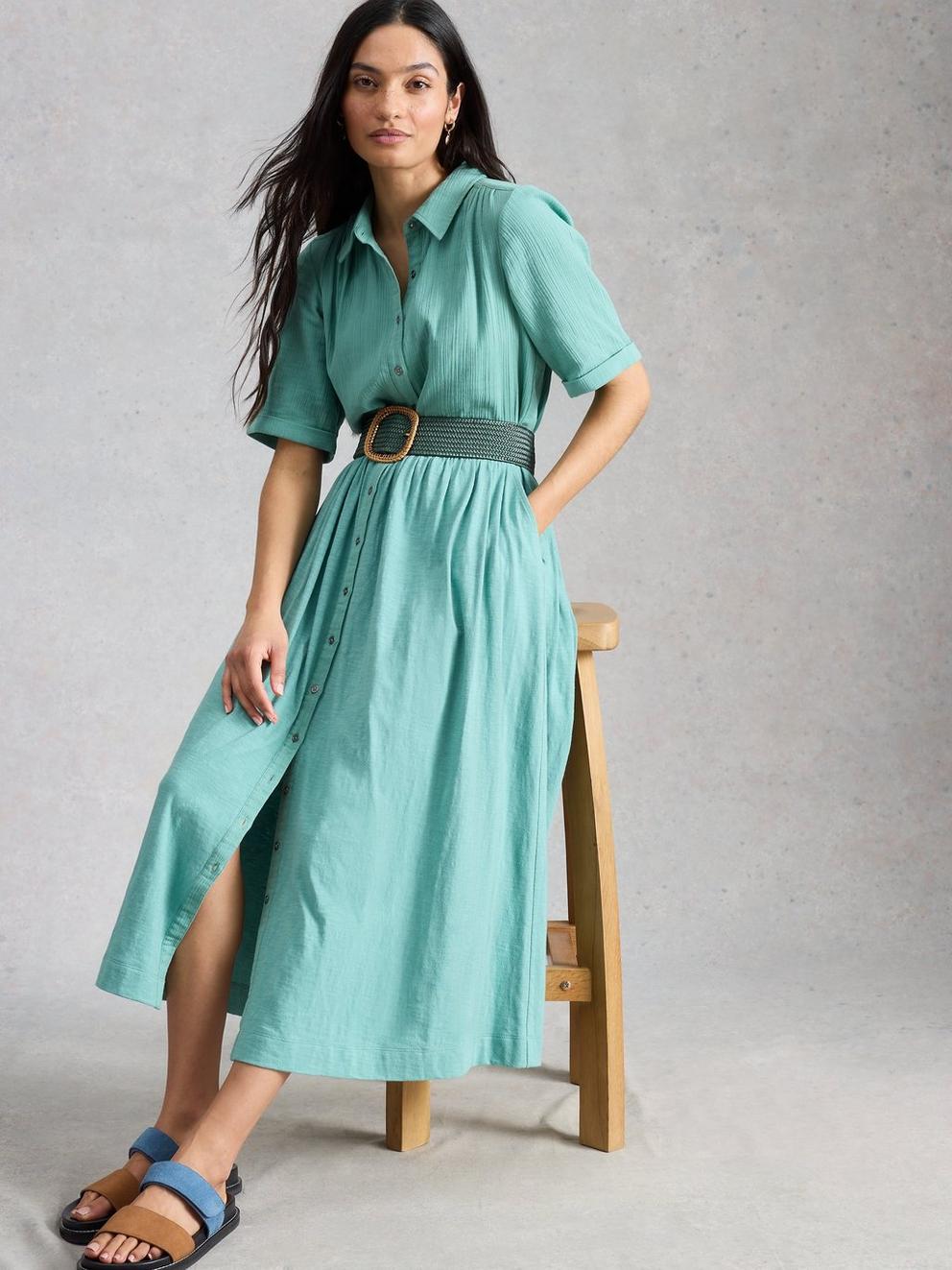 Rylee Double Cloth Shirt Midi Dress in MID BLUE - LIFESTYLE
