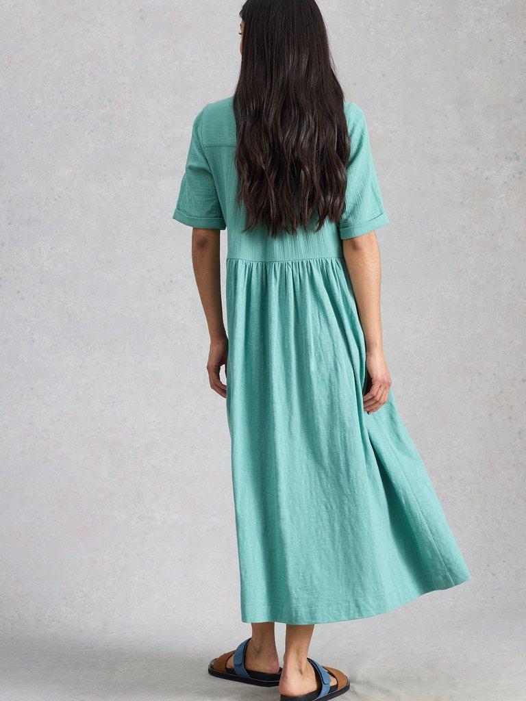 Rylee Double Cloth Shirt Midi Dress in MID BLUE - MODEL BACK