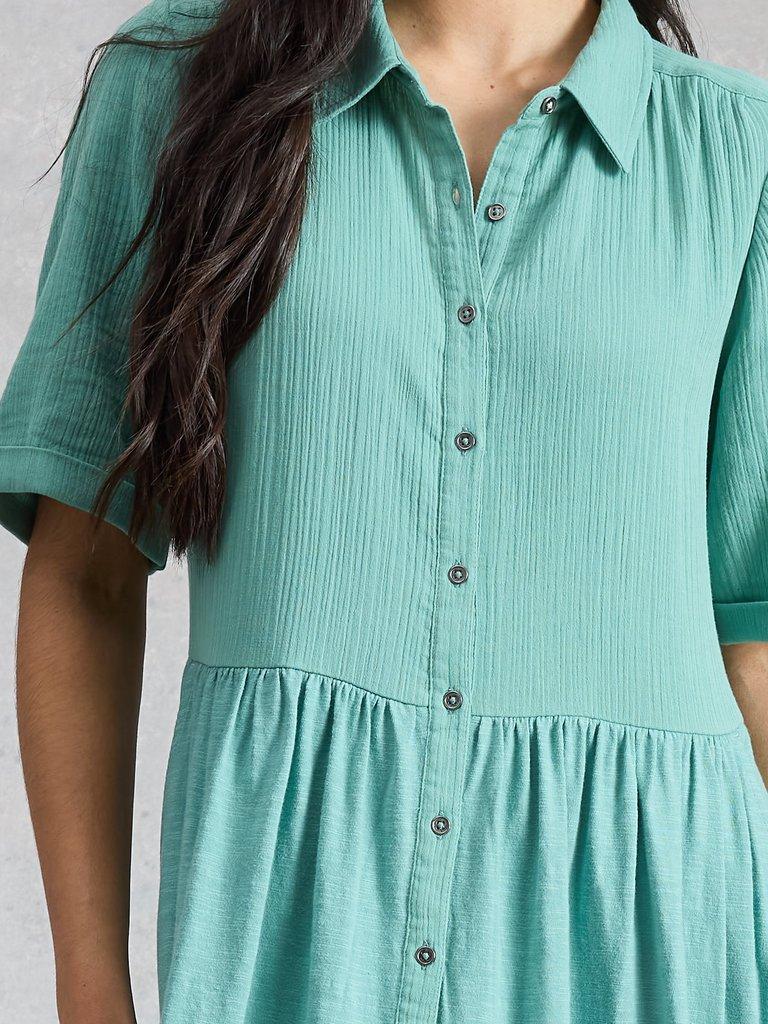Rylee Double Cloth Shirt Midi Dress in MID BLUE - MODEL DETAIL