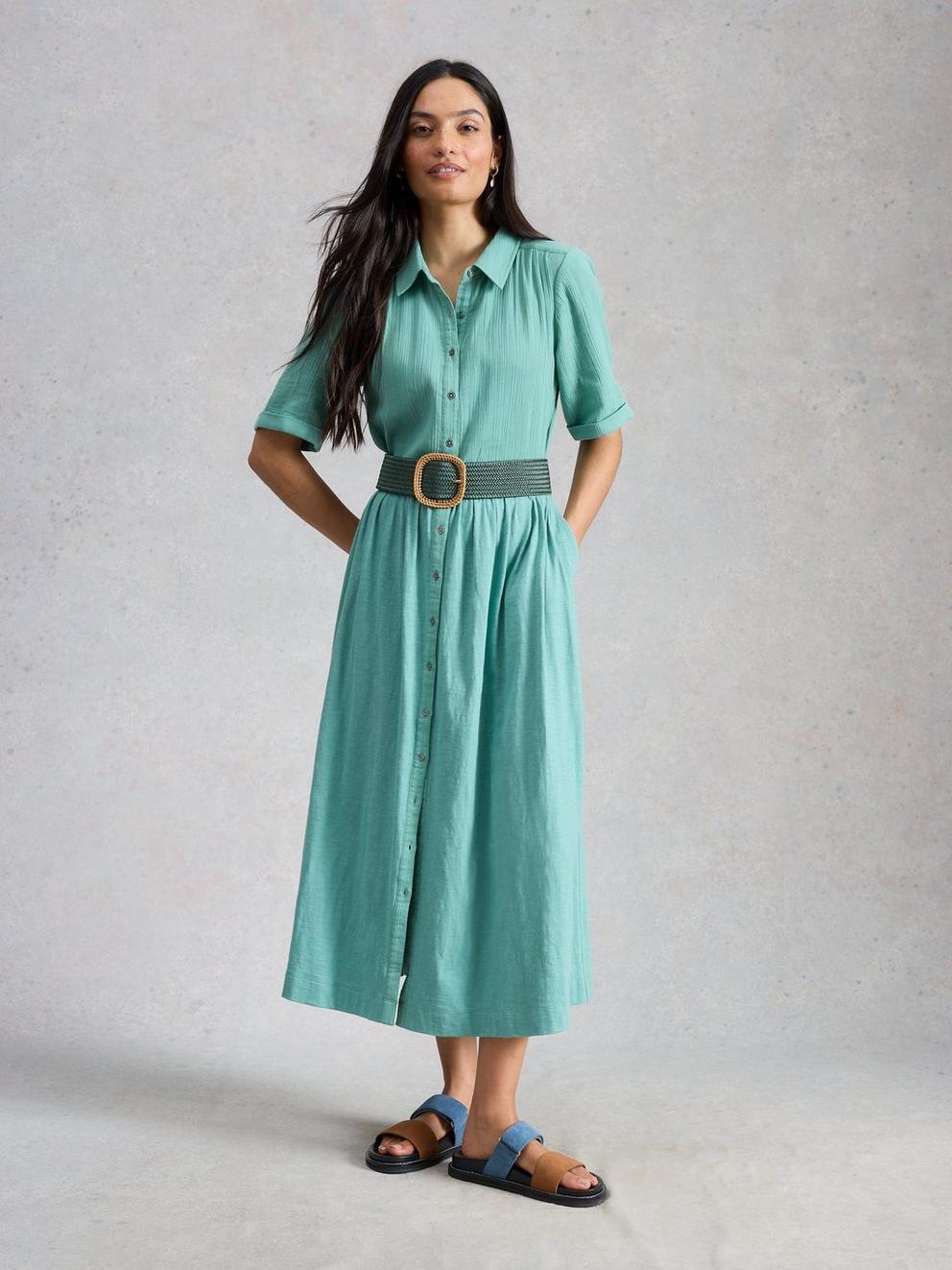 Rylee Double Cloth Shirt Midi Dress in MID BLUE - MODEL FRONT