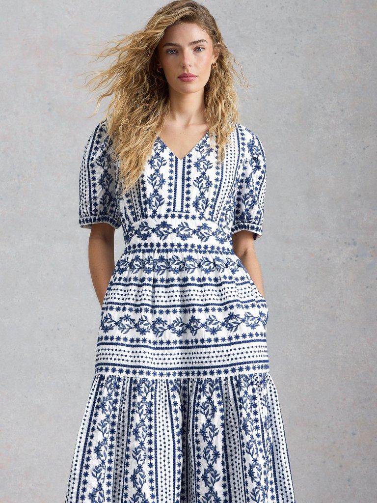 Jolene Embroidered Dress in WHITE MLT - MODEL DETAIL