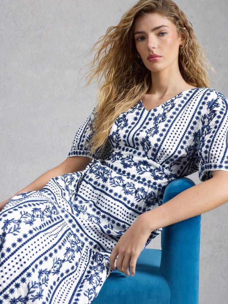 Jolene Embroidered Dress in WHITE MLT - MODEL FRONT