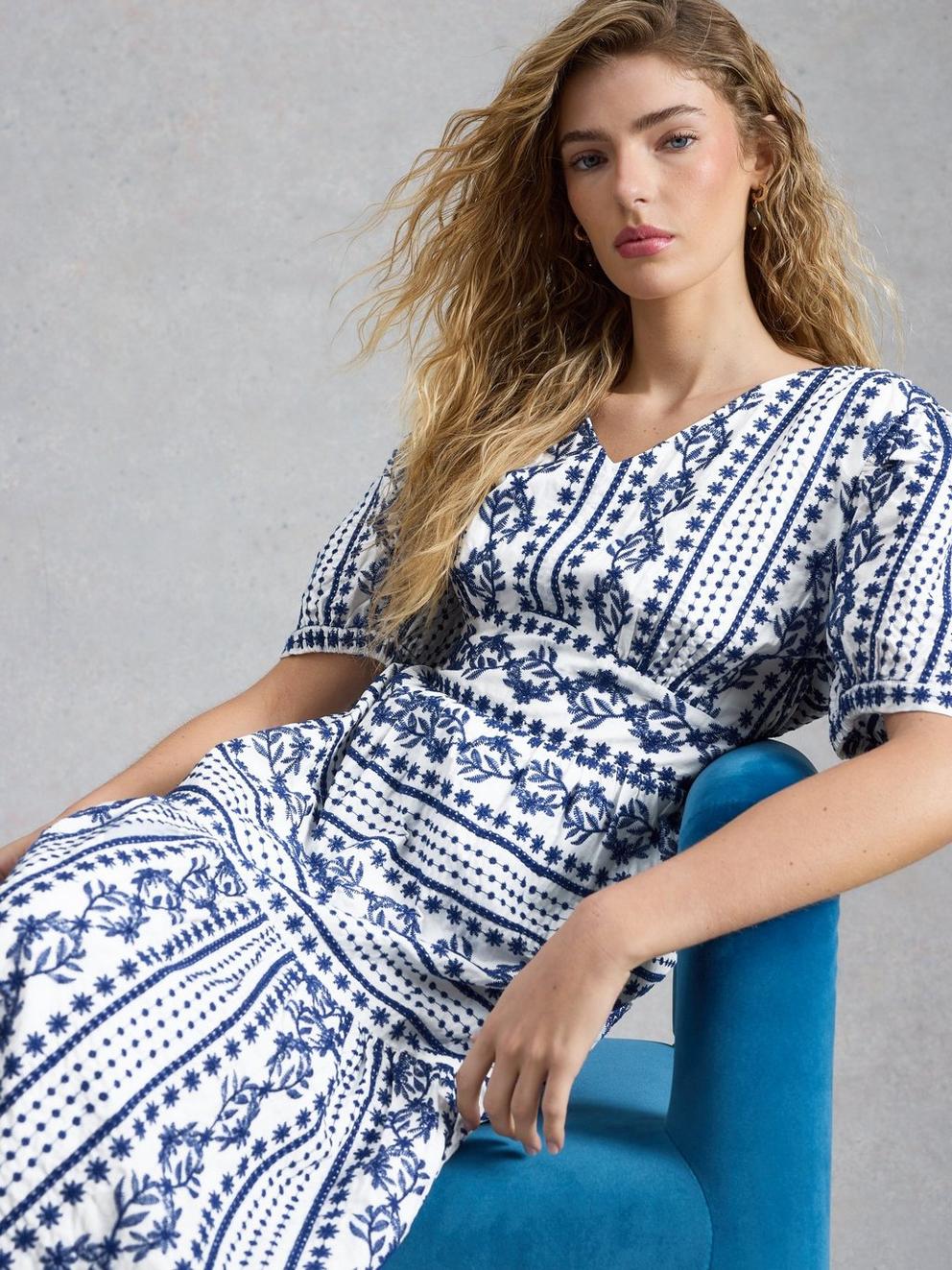 Jolene Embroidered Dress in WHITE MLT - MODEL FRONT