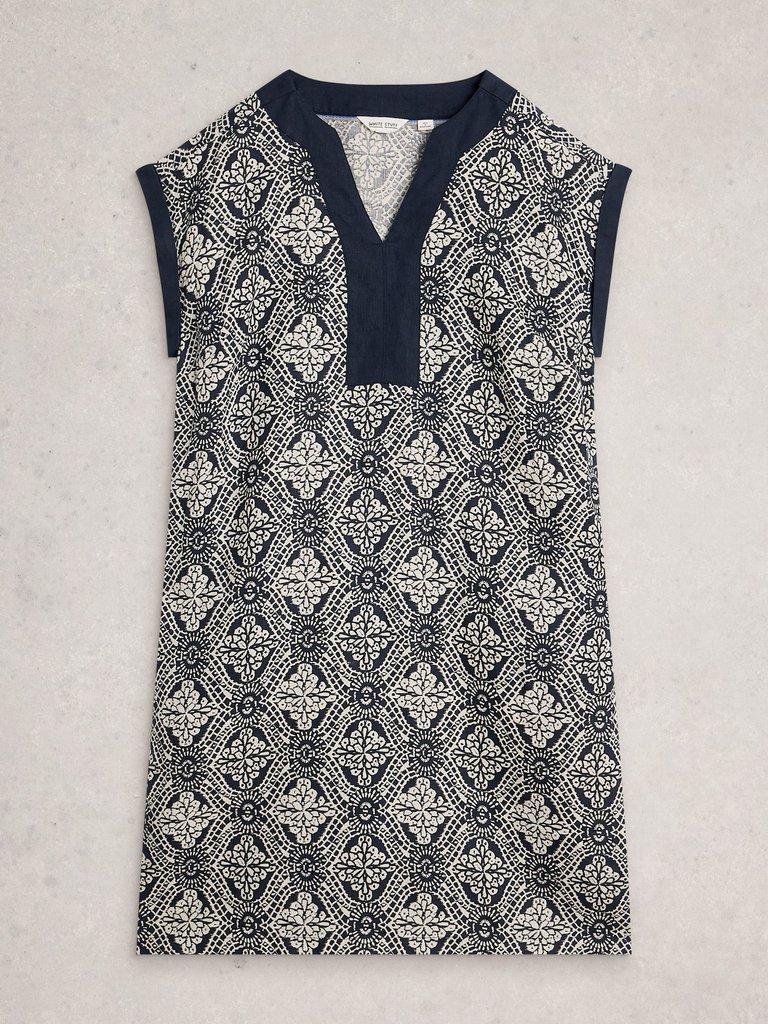 Jilly Linen Dress in NAVY MULTI - FLAT FRONT