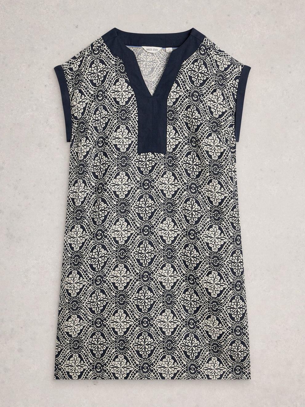 Jilly Linen Dress in NAVY MULTI - FLAT FRONT