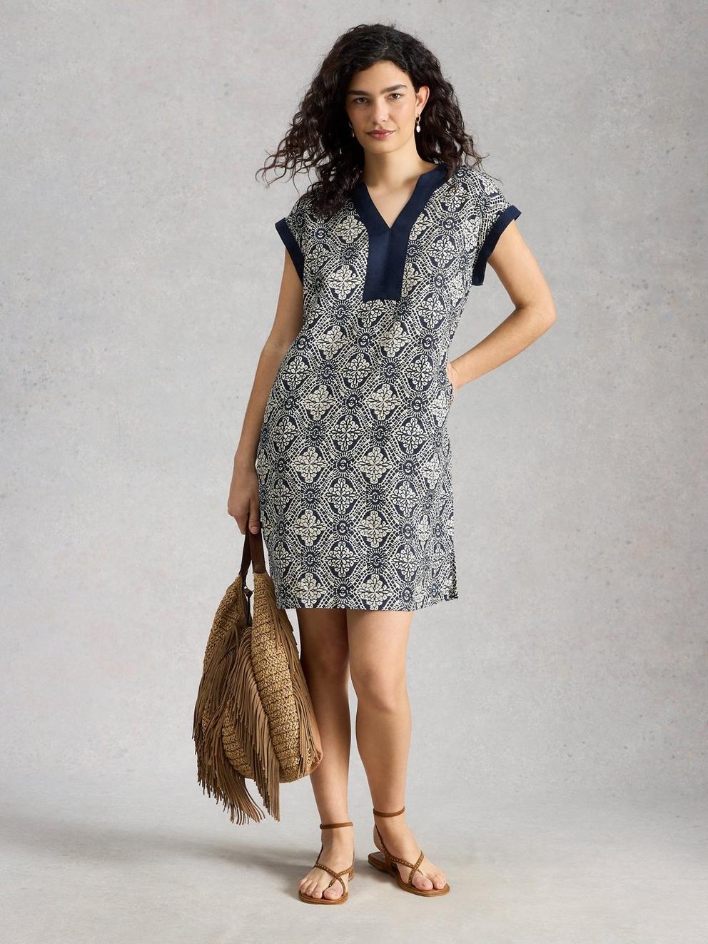 Jilly Linen Dress in NAVY MULTI - MODEL FRONT