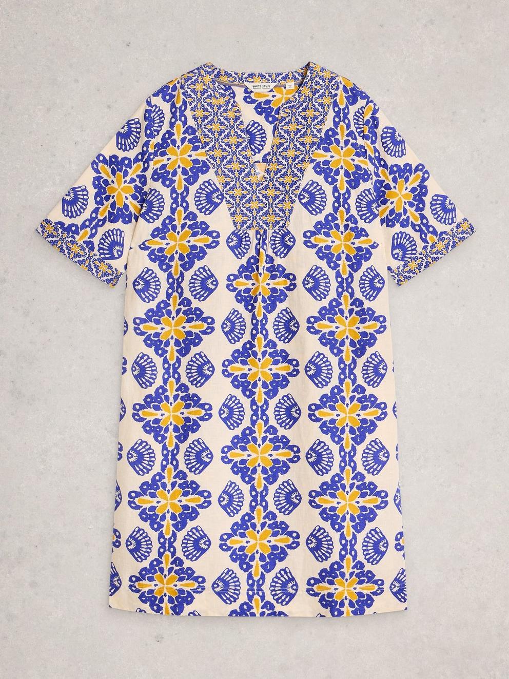 Ash Linen Printed Dress in NAT PR - FLAT FRONT
