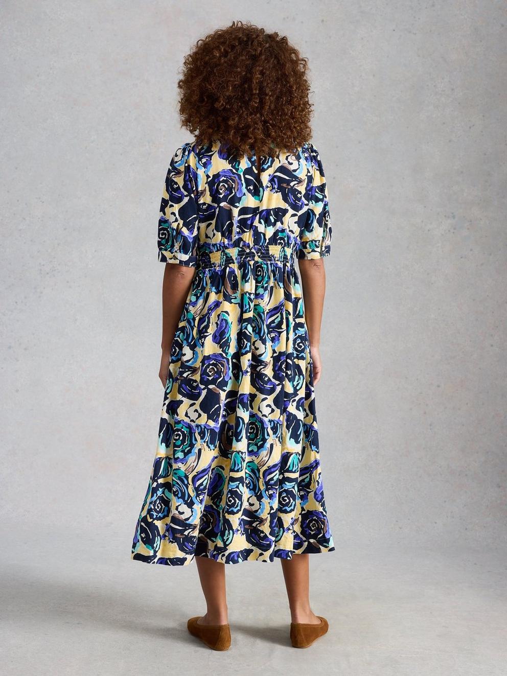 Fern Linen Blend Dress in NAVY MULTI - MODEL BACK