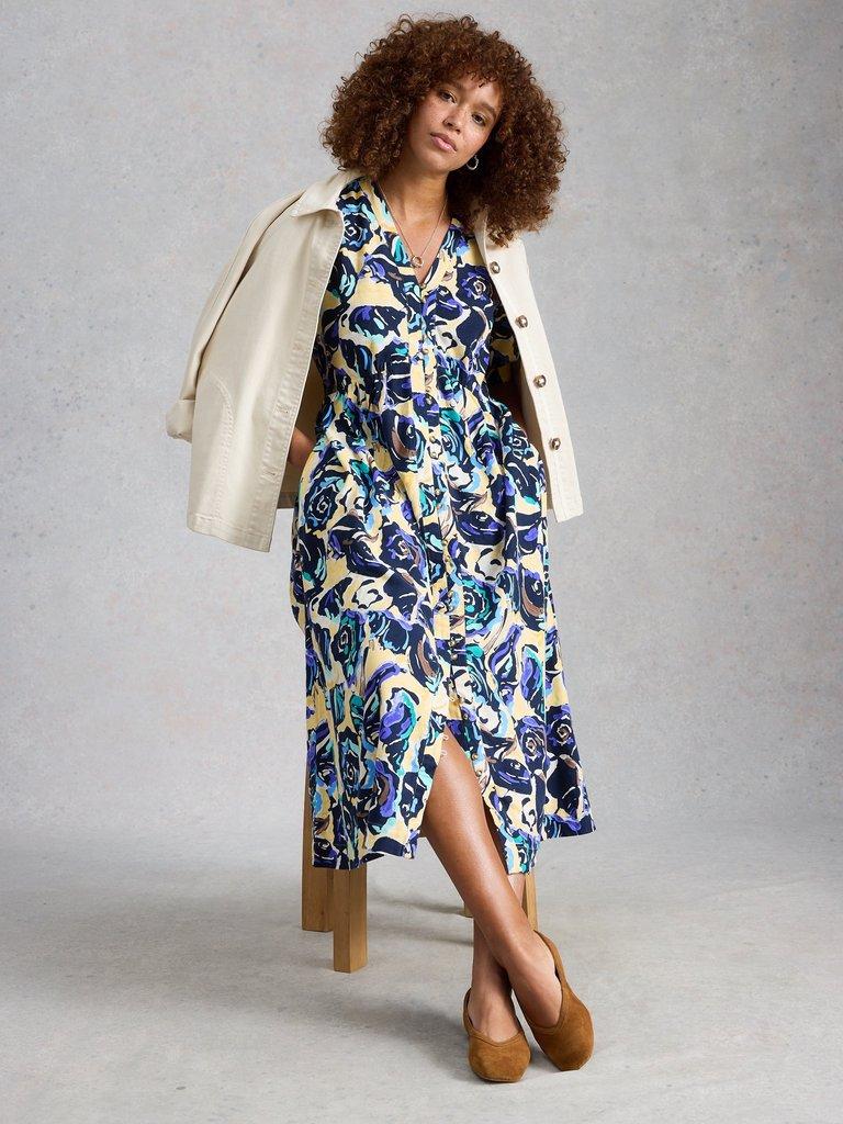 Fern Linen Blend Dress in NAVY MULTI - MODEL FRONT