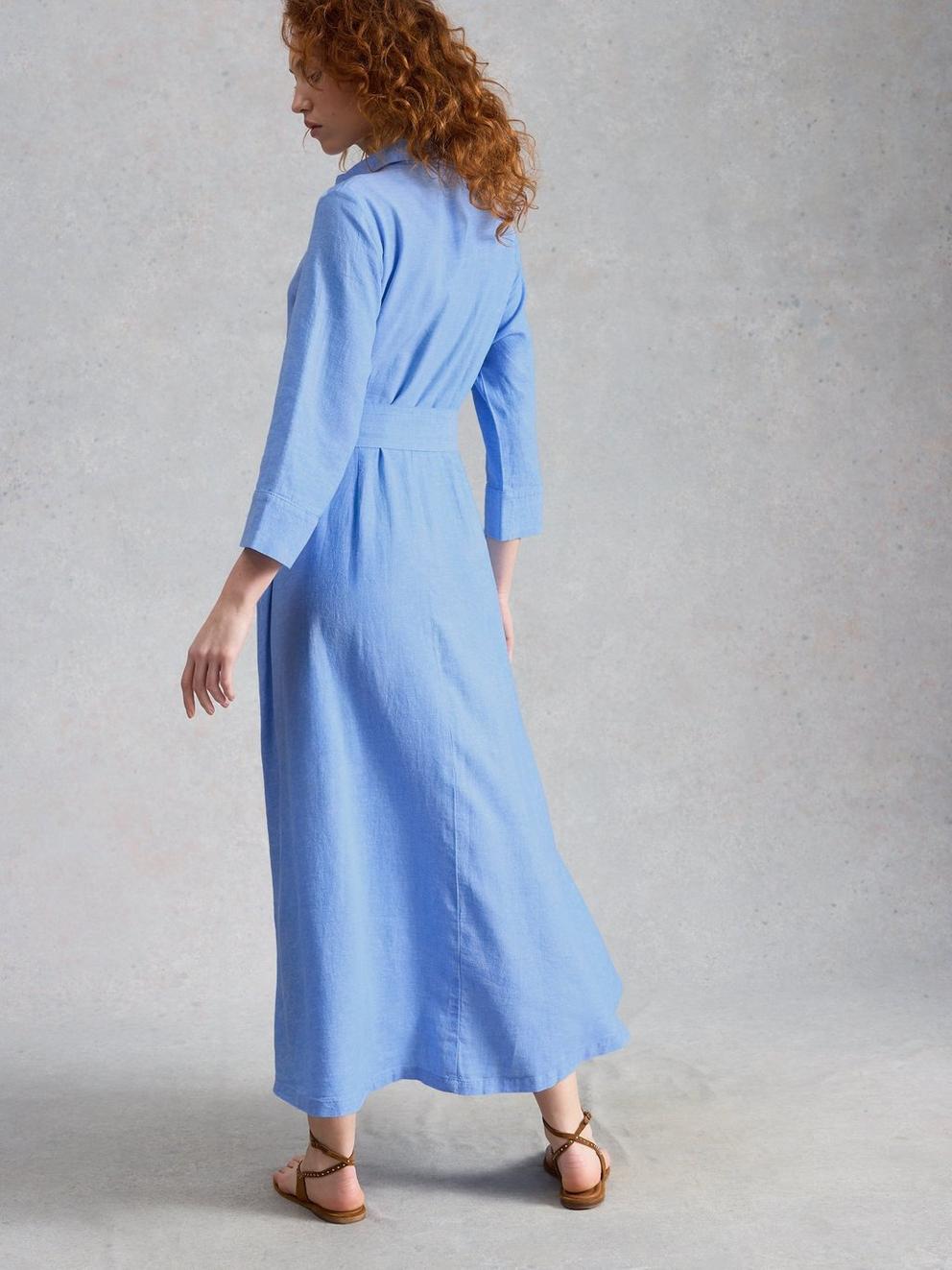 Soma Linen Shirt Dress in CHAMB BLUE - MODEL BACK