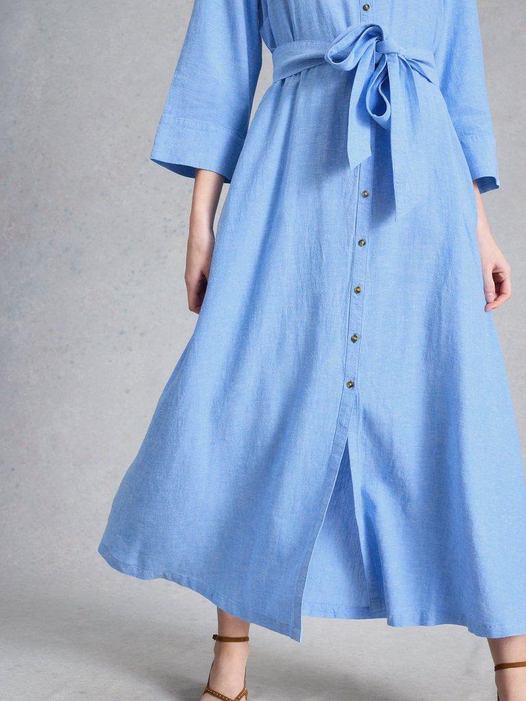 Soma Linen Shirt Dress in CHAMB BLUE - MODEL DETAIL