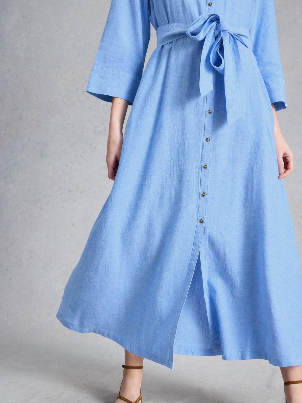 Soma Linen Shirt Dress in CHAMB BLUE - MODEL DETAIL