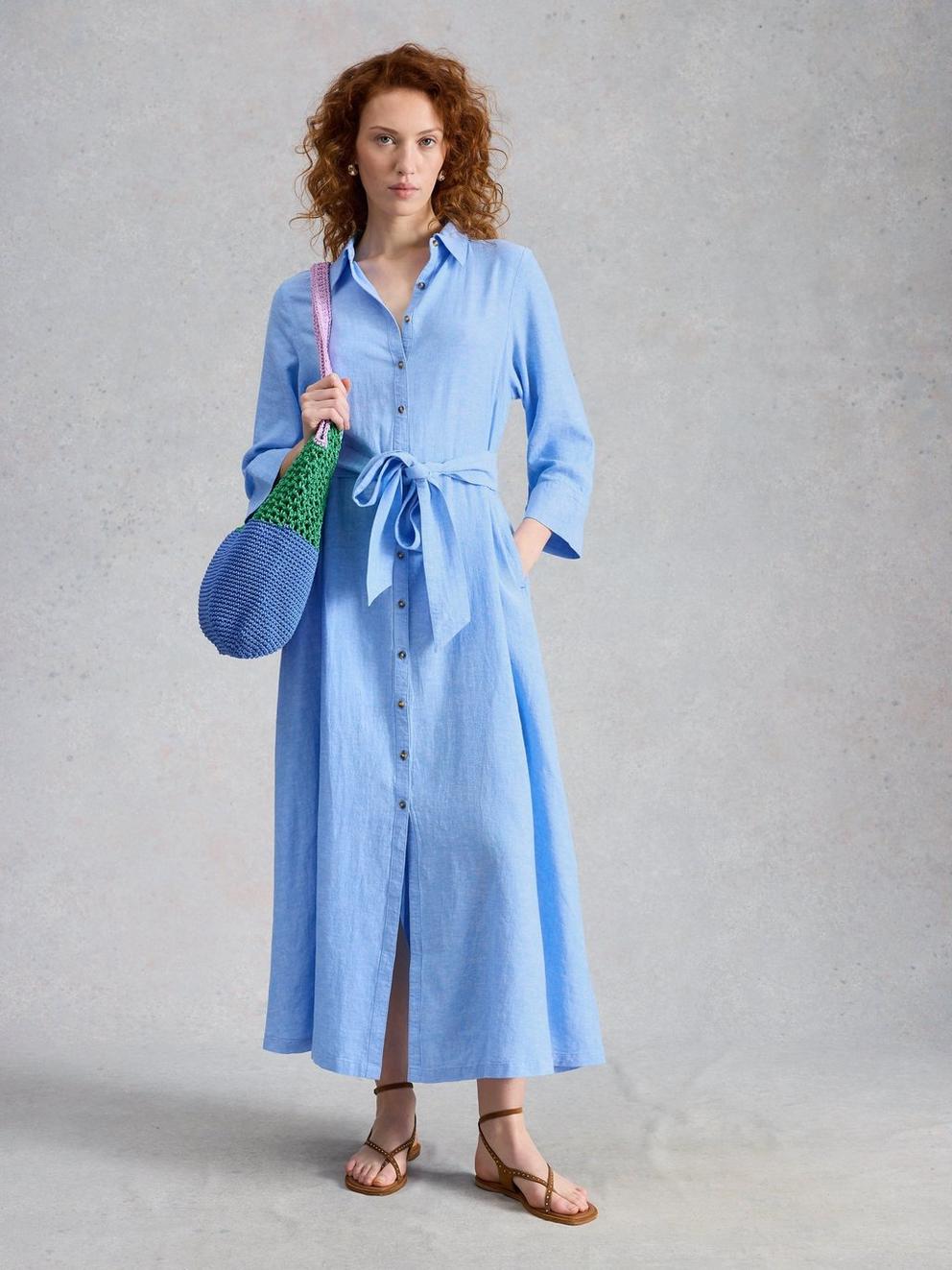 Soma Linen Shirt Dress in CHAMB BLUE - MODEL FRONT