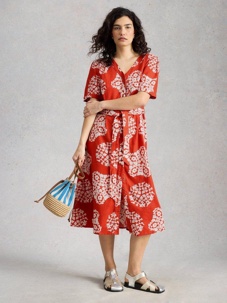Val Linen Blend Dress in RED PR - MODEL FRONT
