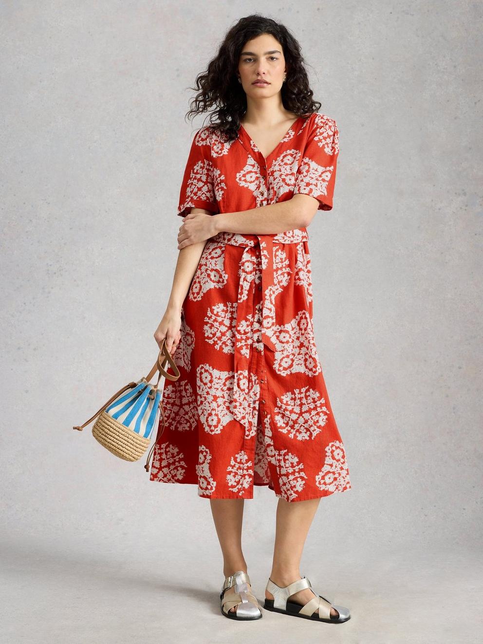 Val Linen Blend Dress in RED PR - MODEL FRONT