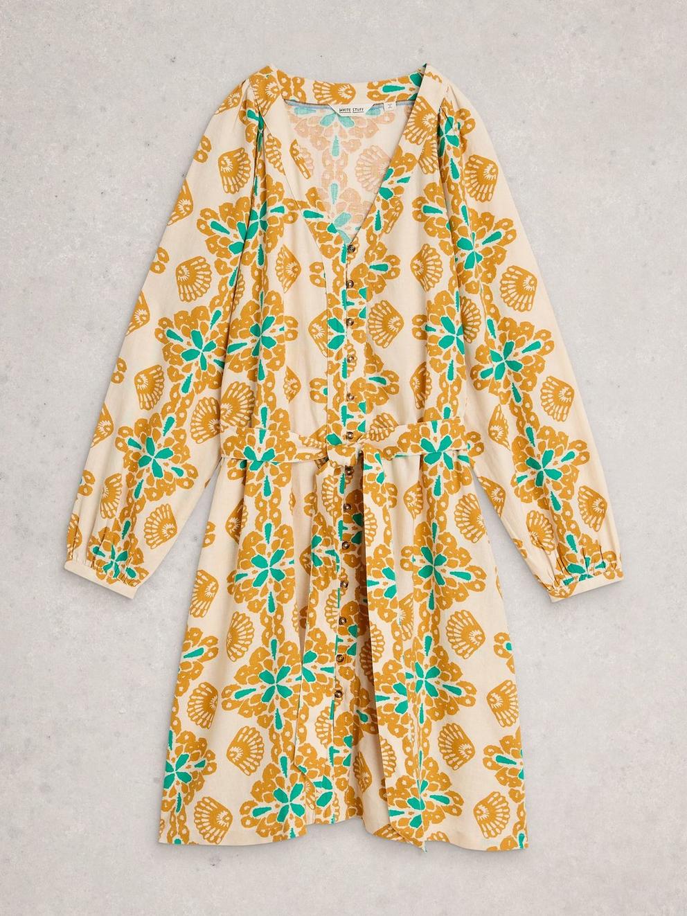 Petra Linen Blend Printed Dress in YELLOW PR - FLAT FRONT