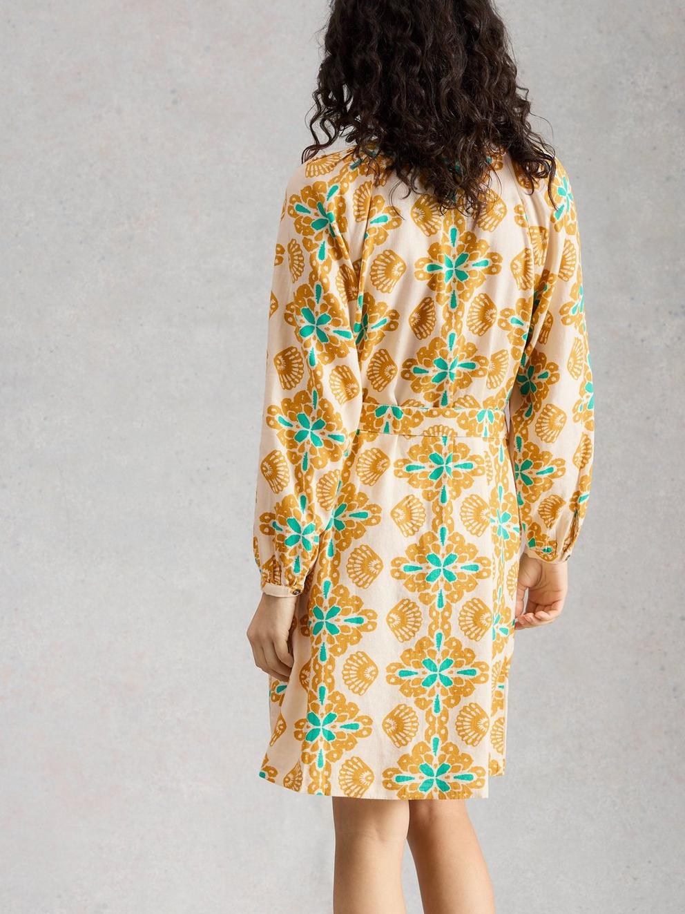 Petra Linen Blend Printed Dress in YELLOW PR - MODEL BACK