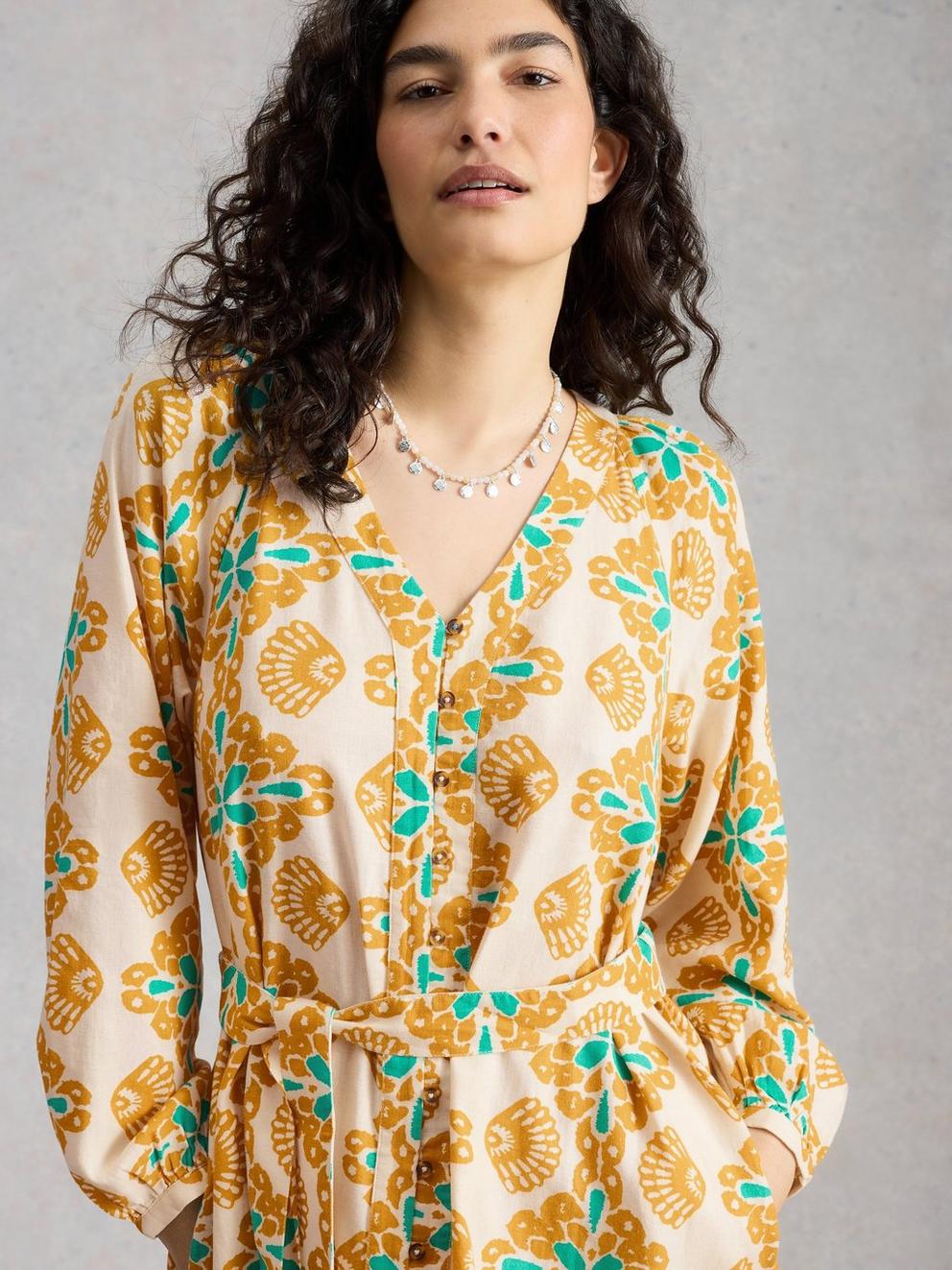 Petra Linen Blend Printed Dress in YELLOW PR - MODEL DETAIL
