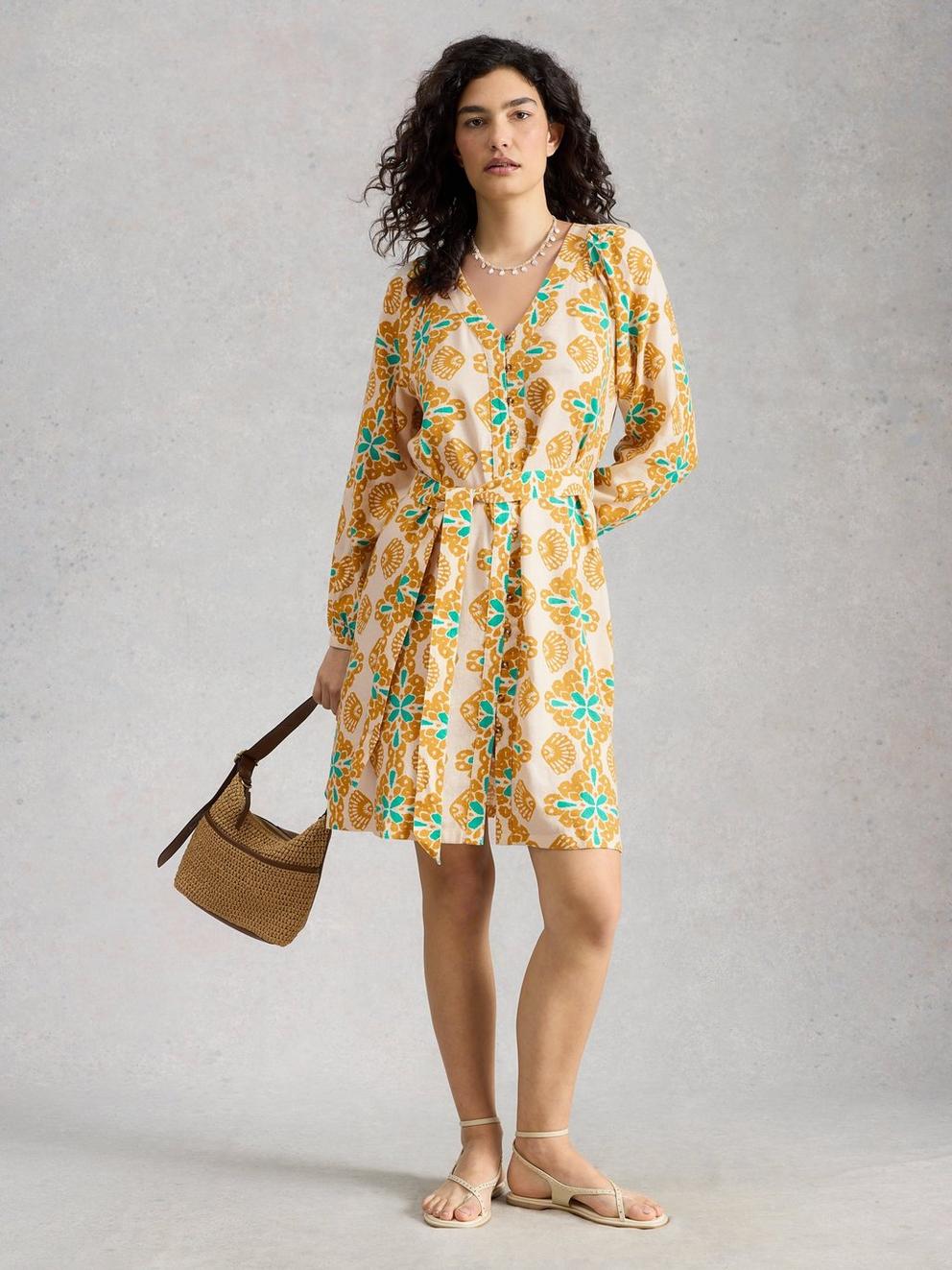Petra Linen Blend Printed Dress in YELLOW PR - MODEL FRONT