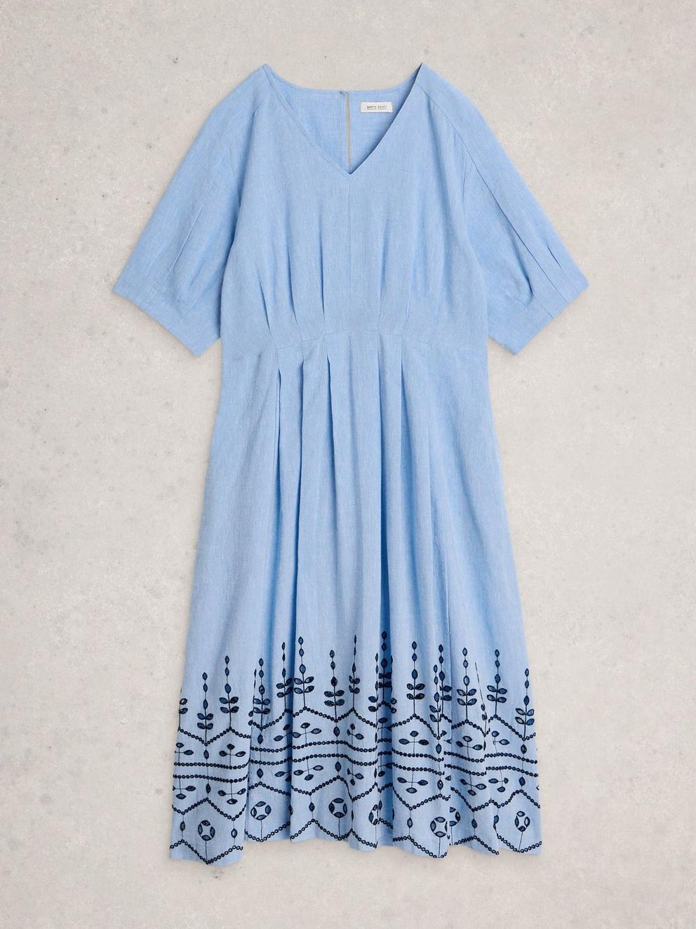 Kate Broderie Midi Dress in CHAMB BLUE - FLAT FRONT
