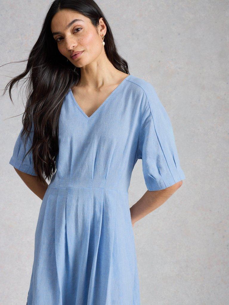 Kate Broderie Midi Dress in CHAMB BLUE - MODEL DETAIL
