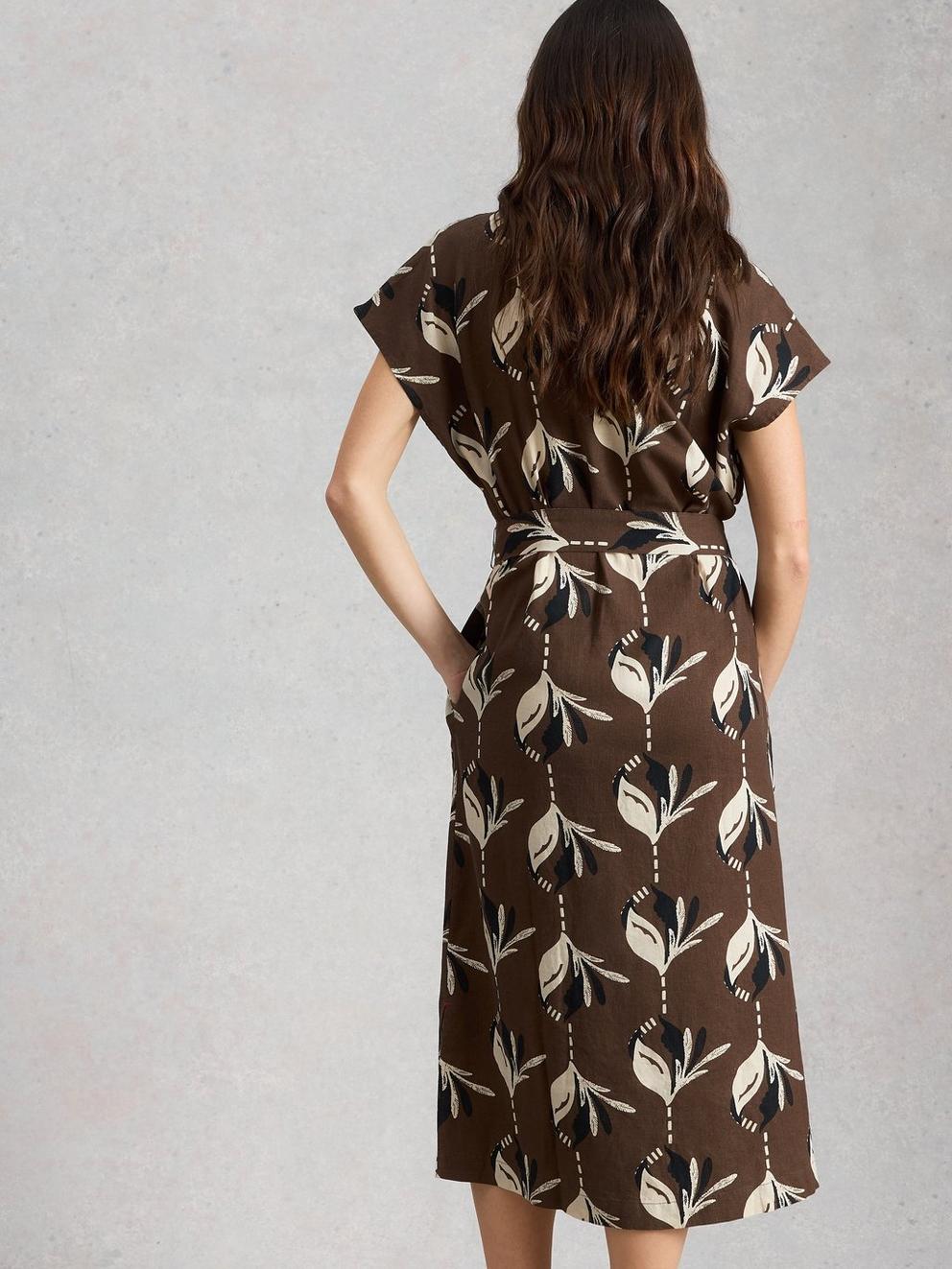 Mimi Linen Blend Dress in BROWN PR - MODEL BACK