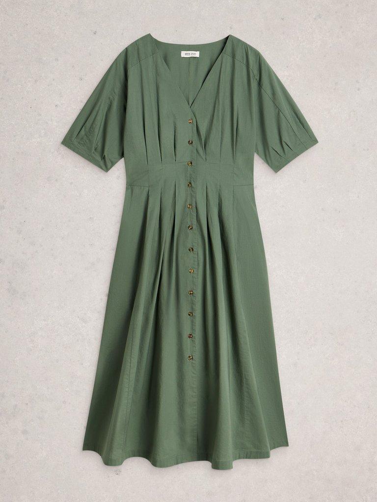 Kate Button Through V Neck Midi Dress in DUS GREEN - FLAT FRONT
