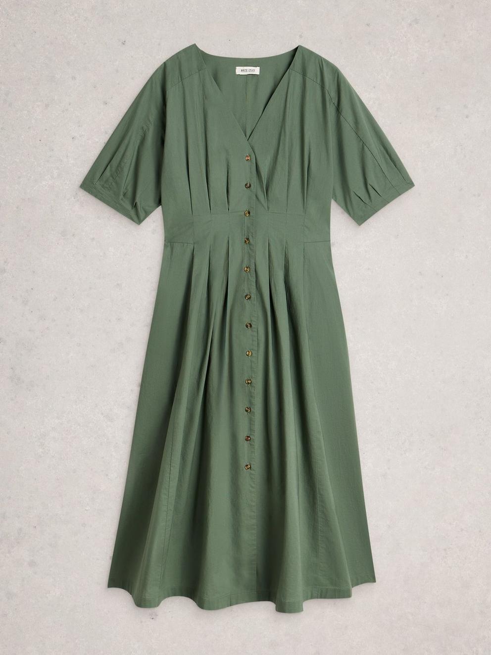 Kate Button Through V Neck Midi Dress in DUS GREEN - FLAT FRONT