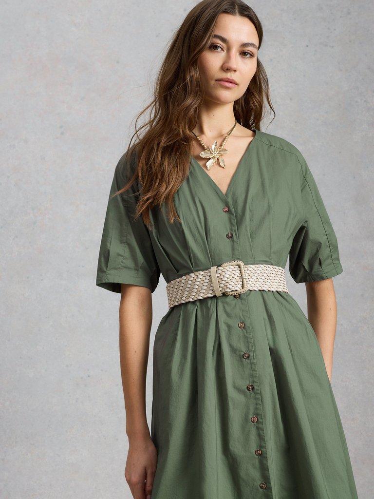 Kate Button Through V Neck Midi Dress in DUS GREEN - LIFESTYLE