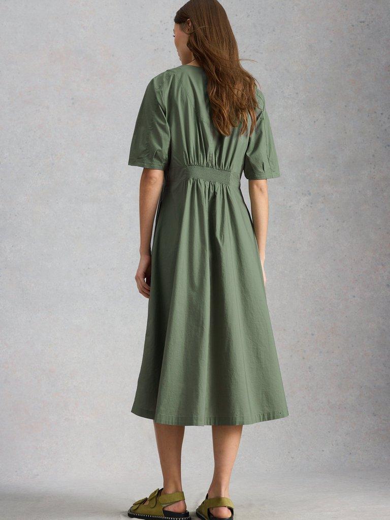 Kate Button Through V Neck Midi Dress in DUS GREEN - MODEL BACK